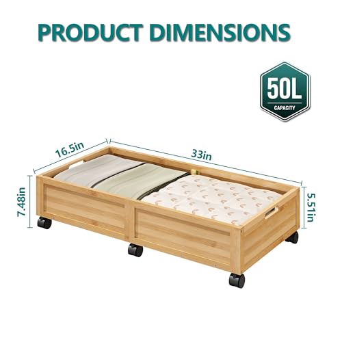 WISUCART Wood Under Bed Storage Containers Underbed Organizer with Wheels Sturdy Wood Rolling Under Bed Shoe Storage Organizer 2 Packs (Nature, Large) - color: Nature