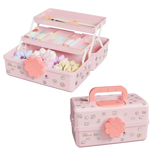 Covetree Hair Accessories Organizer with Handle sewing organizer，Lockable Three-Layer Multipurpose Art Supplies Storage Box and Storage Plastic Jewelry Box (pink) - color: pink