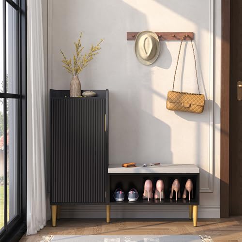 Storage Bench with Fluted Door&Shelf, Modern Entryway Bench with Padded Seat, L-Shaped Shoe Organizer Cabinet for Hallway, Living Room, Office, Black - color: Black