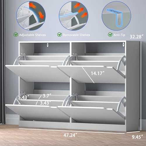 BORNOON Shoe Cabinet with 4 Flip Drawers, Narrow Hidden Shoe Storage Cabinet, Slim Freestanding Shoe Rack Organizer for Entryway, Hallway, Bedroom, Living Room - color: White, size: 4 Drawers
