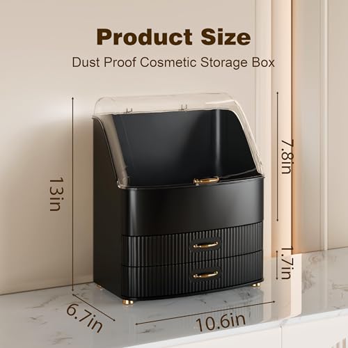 Makeup Organizer Countertop Vanity with Transparent Lid Drawers Waterproof Dustproof Cosmetic Skincare Bathroom Storage Gift for Women Teens Girls (Black) - color: Black