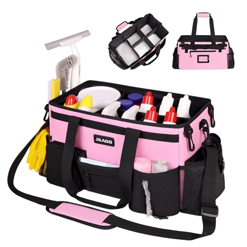 JKAOO Large Wearable Cleaning Caddy Bags,Cleaning Supplies Storage Bag with Handles and Adjustable Shoulder Strap and Removable Waist Straps,Waterproof Cleaning Bags for Home,Car,Office (Pink) - color: Pink