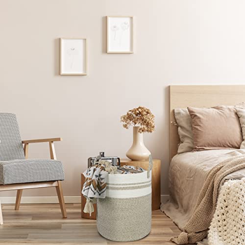 XUANGUO Cotton Rope Laundry Basket Hamper for Clothes Woven Storage Basket for Living Room Bedroom Boho Tall Rope Baskets for Blanket Toys Pillow Towels Baby Nursery Hamper Bin Large brown and white - color: brown and white, size: Regular