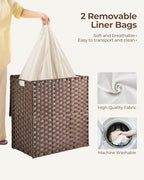 Greenstell Laundry Hamper with lid, No Install Needed, 110L Wicker Laundry Baskets Foldable 2 Removable Liner Bags, 2 Section Clothes Hamper Handwoven Rattan Laundry Basket with Handles, Brown - color: Brown, size: 110L (22.2x13.3x24.0 Inches)