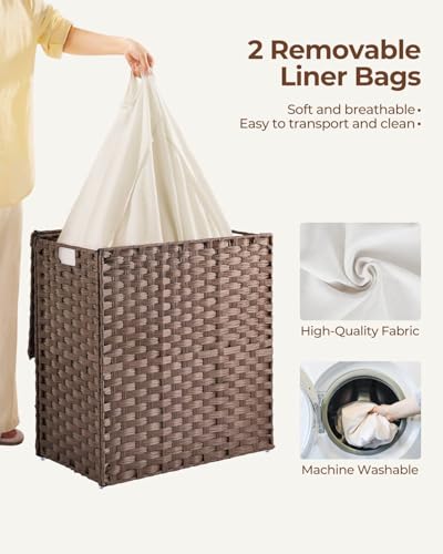 Greenstell Laundry Hamper with lid, No Install Needed, 110L Wicker Laundry Baskets Foldable 2 Removable Liner Bags, 2 Section Clothes Hamper Handwoven Rattan Laundry Basket with Handles, Brown - color: Brown, size: 110L (22.2x13.3x24.0 Inches)