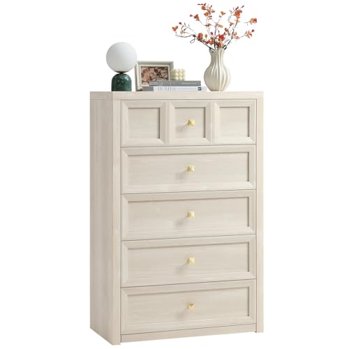 5 Drawers Dresser for Bedroom, 45.7" Tall Large Dresser & Chests of Drawers with Metal Handle, Clothes Storage Organizer Dresser w/Natural Texture for Bedroom, Living Room-Grey White - color: Beige, size: 15.6"D x 29.5"W x 45.7"H (5 Drawers)