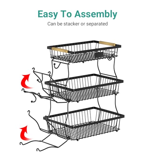 3 Tier Fruit Basket for Kitchen Counter with 2 Banana Hangers, Countertop Metal Fruit Bowl with Wooden Handle, Large Storage Stand for Vegetables, Snacks, Breads, Produce Storage – Black - color: Black, size: 3 Tier