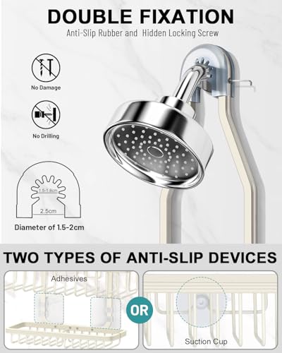 Shower Caddy Hanging - Never Rust Shower Hanging Organizer - Aluminum Over the ShowerHead Caddy with Soap Basket and 6 Hooks for Razor/Sponge (Milky White) - color: Milky White