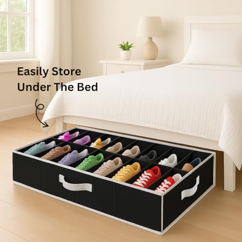 Under Bed Shoe Storage Organizer - Set of 2 – TEAR-RESISTANT Heavy Duty 600D Material - Fits All Styles Mens and Women's Shoes, Up to 32 Pairs - Extra-Strong Zipper - Black-Perfect for College Dorms - color: Black, style: Set of 2