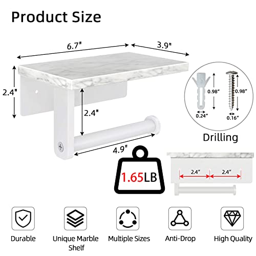 Gypie Toilet Paper Holder with Natural Marble Shelf, 304 Stainless Steel Screw Wall Mounted, Tissue Roll Paper Holder Dispenser for Bathroom Washroom White - color: White, size: 1 Roll