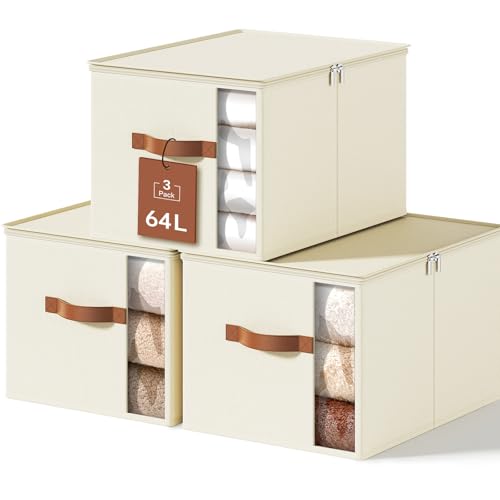 Large Clothes Storage Bins with Sturdy Frame, Foldable Clothing Organizer Box, Sweater Storage Cube with Lids and Zipper, Fabric Bedding Storage Bags for Blankets, Seasonal Clothes, Comforter - color: White, size: Large x 3 Packs
