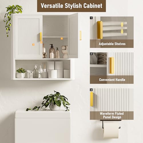 INNOD Bathroom Wall Cabinet, Wall-Mounted Medicine Cabinet with Adjustable Wood Shelf & Doors, Floating Bathroom Cabinet Over Toilet for Laundry Room & Kitchen & Living Room (White) - color: White