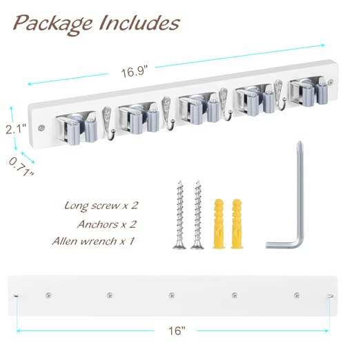 OUTNILI Mop and Broom Holder Wall Mount - White Broom Mop Hanger - Wall Mounted Garden Tool Rack Organizer for Closet Garage Laundry Room Kitchen Decor With 5 Slots & 4 Hooks - color: White-5 Grips, size: 1 Pack