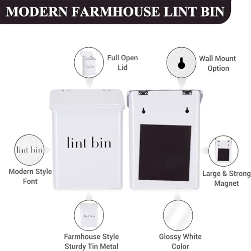 Magnetic Lint Bin with Lint Brush, Two White Hooks, one Black Back Side Hook & All Accessories for Laundry Room Decor, Wall-Mounted Lint Bin with Lid, White Powder Coated, Space-Saving Trash Can - color: White