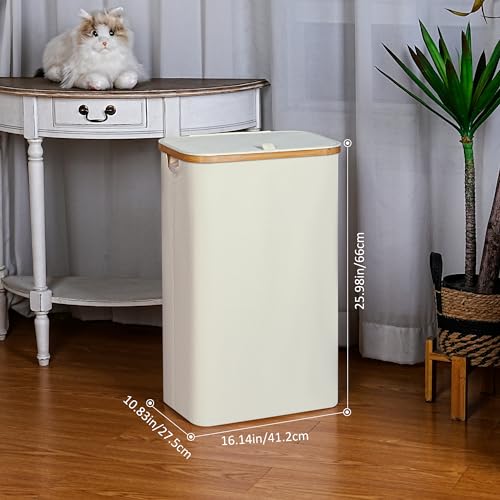 iEGrow Slim Laundry Hamper,75L Beige Narrow Laundry Basket with Lid,Foldable Clothes Hamper with Bamboo Handles,Hamper Basket with Removable Inner Bag for Laundry Room Bedroom College Dorm - color: Beige, size: 75L