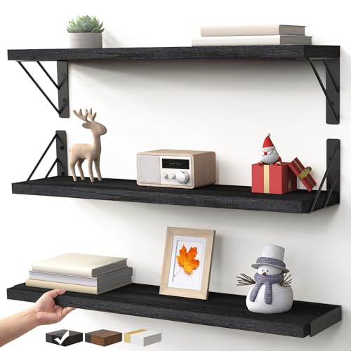 BAYKA Wall Mounted Floating Shelves, Wood Floating Wall Shelf for Books & Decor, Small Space-Saving Display & Organizer（Black，23in，Set of 3） - color: A. Black Board & Black Brackets, size: 23-inch Standard