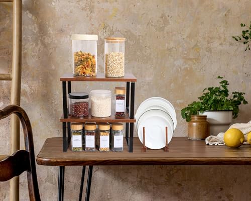 Marsui 4 Pcs Kitchen Organizer Accessories Set Cabinet Organizer Shelf and Bamboo Dish Drying Plate Rack Counter Shelves Storage Holder for Spice Rack, Dish, Pot Lid, Bowl, Cup(Deep Color) - color: Deep Color