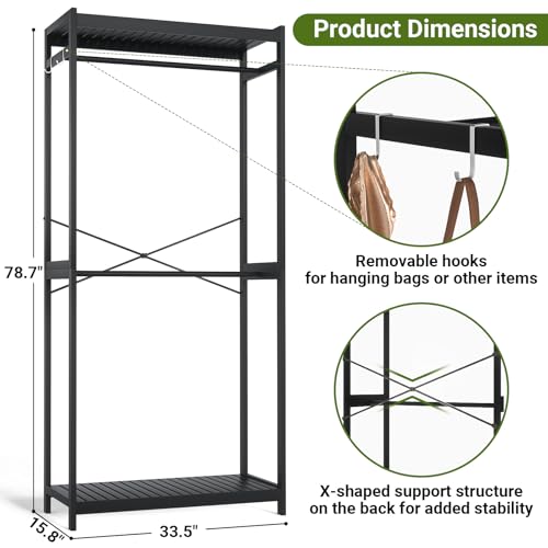 Homykic Bamboo Clothes Rack with Shelves and Double Hang Rods, Portable Closet System Garment Rack for Hanging Clothes, Tall Clothing Rack Corner Closet Organizer, Easy to Built, Freestanding, Black - color: Black, size: Standard