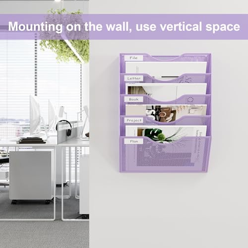 EasyPAG Wall File Organizer 5 Tier Hanging Paper Folder Holder, Zero Assembly Metal Mesh Wall Mounted Mail Organizer for Office Home Classroom Narrow Spaces, Puple - color: Purple, size: 5 Tier