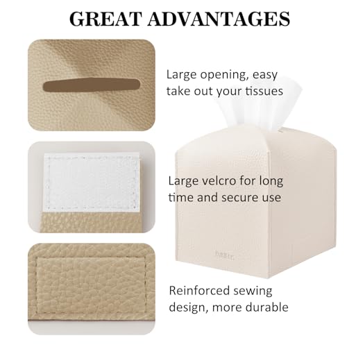 Tissue Box Cover Holder Square Tissue Cube Cover PU Leather Tissue Organizer with Bottom Belt for Bathroom, Tabletop, Car, Night Stands, Office, Home, Kitchen (2, SoftBeige) - color: Softbeige