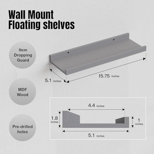 RICHER HOUSE Mounted Shelves for Wall Decor, Modern Picture Ledge Shelf with Lip for Wall Storage Nursery, Bedroom, Living Room, Bathroom - Grey - color: Grey, size: 5pcs*15.75in
