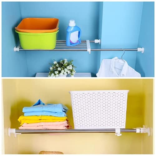 BAOYOUNI Tension Rod Shelf Expandable Closet Organizer Heavy Duty Adjustable Clothes Hanger Rack DIY Space Saver Layered Separator Divider 27.17''-36.02'', Ivory - size: (27.17-36.02) IN