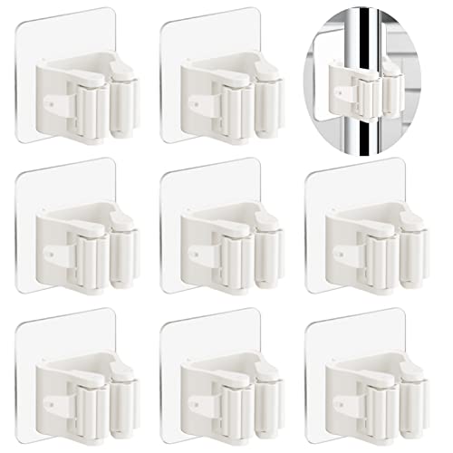 3-H 8-Pack Self Adhesive Broom Holder Wall Mount - Heavy Duty No Drill Broom Organizer for Garage Closet Kitchen, Plastic Storage Rack for Brooms Mops Tools, Peel and Stick Adhesive - color: White, size: 8