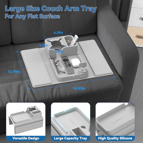 Couch Arm Cup Holder CLESOO Couch Arm Tray Anti-Slip Couch Cup Holder Silicone Sofa Armrest Tray Dual Side Pocket Couch Drink Holder Sofa Caddy Arm Remote Holder Snack Caddy with Phone Holder Grey - color: Grey