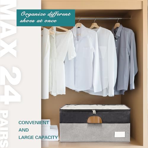 Shoe Organizer for Closet, Foldable Shoe Storage Bins with Clear Cover, Space Saving Shoes Holder with 4 Handles, Large Adjustable Shoe Box Storage Containers, Fits 12-24 Pairs, 1 Pack, Black - color: Black and Grey, size: (1 Pack) 25 ½"L x 17"W x 12 ½"H