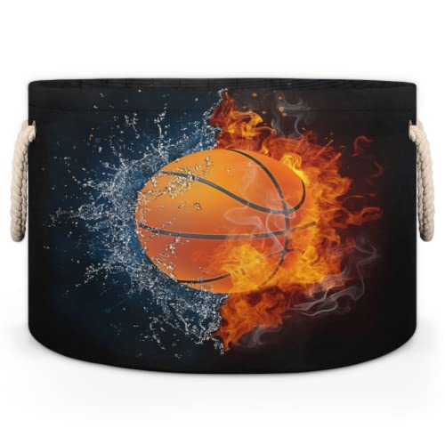 Pardick Large Round Storage Basket Art Basketball Ball Collapsible Circle Storage Bin Laundry Hamper With Handle for Kids Toy Blanket Dirty Clothes Towel Living Room Nursery Storage Organizer - color: B:Fire Basketball