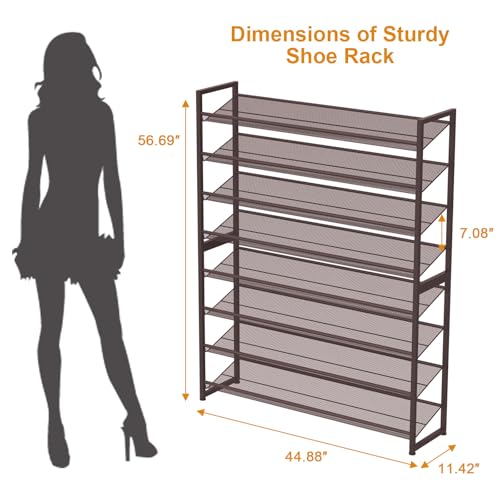Large Shoe Rack 8 Tier Shoe Organizer, Heavy Duty Metal 4-Tier Stackable Shoe Storage Vertical Shoe Rack for Closet Front Door Entrance, Up to 50 Pairs, 44.8" W x 11.4" D x 56.7" H, Bronze - color: Bronze, size: 8 Tier