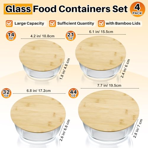 Blushtier 4 Pack 44/32/ 21/14 oz Borosilicate Glass Food Containers with Bamboo Lids, Stackable Glass Bowls for Meal Prep & Lunch, Microwave, Freezer and Dishwasher Safe - size: 44/ 32/ 21/ 14 oz