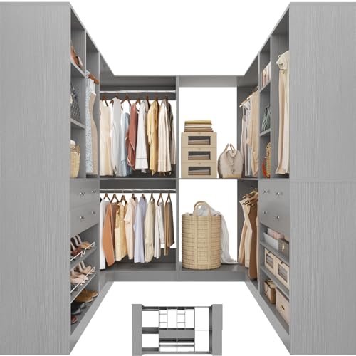 Besiost Closet System with 4 Drawers & Corner Tower, Closet Organizer System with 4 Hanging Robs, Reversible U Shaped Walk-in Closet System, Load 2600+LBS Capacity, Set of 4, Morandi Grey - color: Morandi Grey, size: 117" * 31.5"