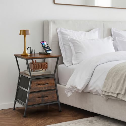 Nightstand with Charging Station, Side Tables for Bedroom with Built-in USB Side Table with 2 USB Ports and Outlets Nightstand with Cloth Drawer End Tables Living Room Sofa Couch - color: Rustic Brown With Socket