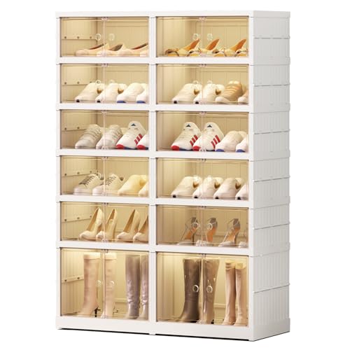 EHAMILY 6 Tier Foldable Shoe Rack Organizer for Closet 12-24Pairs Plastic Collapsible Shoe Shelf for front door entrance Stackable Clear Folding Shoes Storage Boxes XLarge Shoe Cabinet - size: 6 Tiers 24 Pairs