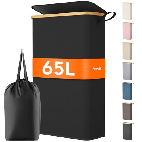 Lifewit 65L Slim Laundry Hamper with Lid, Narrow Laundry Basket with Removable Bag & Bamboo Handles, Fodable Thin Dirty Clothes Hamper for Laundry Collapsible Bin for Bathroom Bedroom Dorm, Black - color: Black, size: 65L