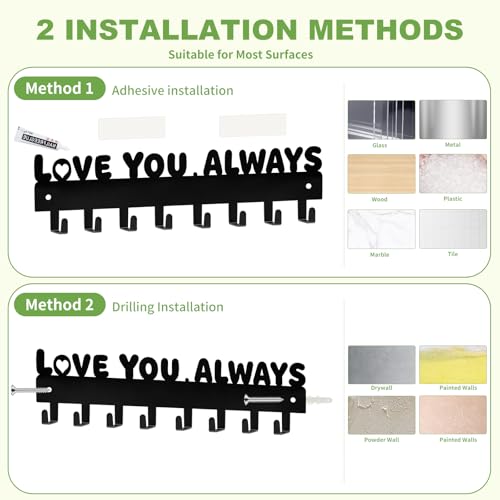 Key Holder Wall Mount & Love You Always Sign Key Holder, Key Hooks with 8 Hooks, Key Holder for Wall Self Adhesive, Key Rack for Wall No Drill for Entryway, Front Door, Hallway, Living Room - Black