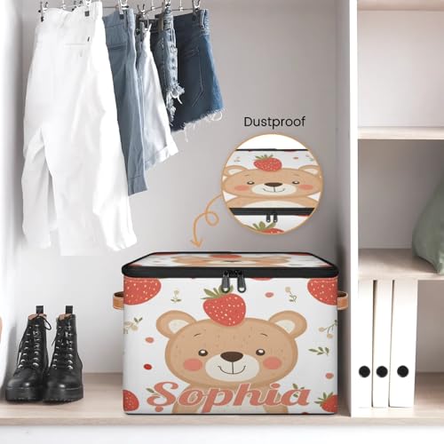 Custom Storage Basket with Name, Personalized Storage Bins with Zipper Lid, Foldable Fabric Storage Box Large capacity with Handle Bear Strawberry - color: Option 15