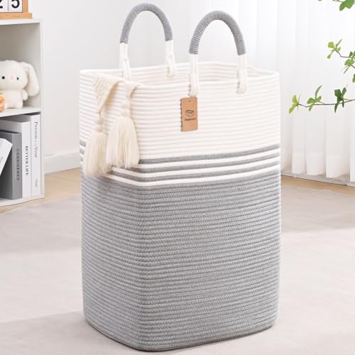 Laundry Basket Hamper,Blanket Storage,Dirty Clothes Hamper with Swivel Handles,Woven Cotton Rope Toy Baskets,Blanket Basket Living Room,Decorative Hampers for Nursery,Bedroom,White & Gray,80L - color: White & Gray, size: 80L