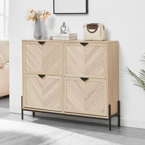 Shoe Cabinet Storage with 4 Flip Drawers, Narrow Hidden Shoes Organizer Cabinet for Entryway, Freestanding Slim Shoe Rack Front Door Entrance(Oak) - color: Oak, size: Large