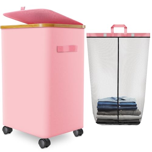 Laundry Hamper with Wheels,20 Gal (75L) Laundry Basket with lid Rolling Clothes Hamper Foldable Dirty Clothes Basket on wheels with Bamboo Frame and Bag for Bedroom, Dorm, Laundry Room-Pink - color: Pink, size: 75 L