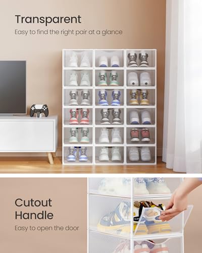 SONGMICS Shoe Boxes, Shoe Storage Organizers Rack for Closet, Plastic Stackable Sneaker Containers Case, 18 Pack, Transparent and Cloud White ULSP318W01 - color: Transparent + Cloud White, size: 18 Count Fit Size 11
