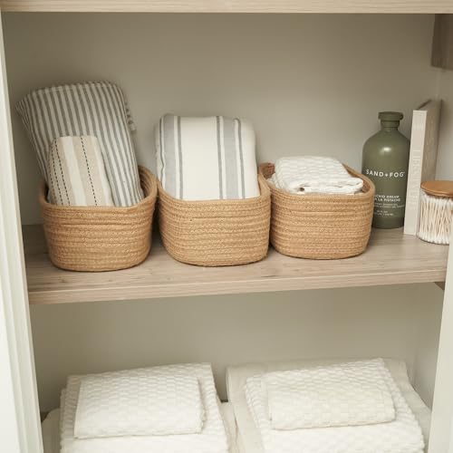 Beautiful Storage Basket Set of 3 - Sturdy Jute Rope Baskets for Shelves Are Perfect for Organizing Your Home - Quality Storage Bins Easily Fit With Any Nursery or Bedroom Decor - color: Jute-Brown
