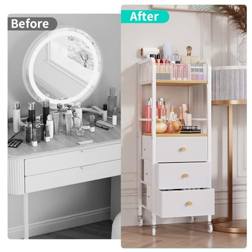 HapiRm Rolling Makeup Cart Organizer - Floor Skincare Make Up Storage with 3 Non-woven Fabric Drawers, Vanity Organizer Cosmetic Display Cases Holder for Skin Care Perfume Nail Polish Brush Hair Tool - color: Natural