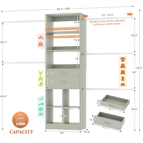 Besiost Closet System, 4-8 FT Closet Organizer Tower with 2 Wooden Drawers and Shelves, Can Fit 60 to 96 inch Walk-in Closet System with 5 Hang Rods, Built-in, Crab Green - color: Crab Green