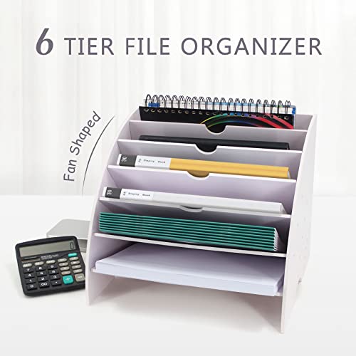 SONGWAY Fan Shaped Desk File Organizer - 6 Compartments File Holder for Desktop, Magazine Rack, Mail Holder, File Sorter, Paper Organizer for Home Office Classroom, White - size: Fan Shape