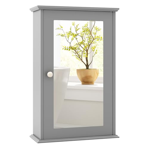 Tangkula Bathroom Medicine Cabinet with Mirror, Wall Mounted Single Mirror Door Storage Cabinet w/Adjustable Shelf, Wall Cabinet w/Reversible Door for Bathroom Living Room Hallway (Grey) - color: Grey