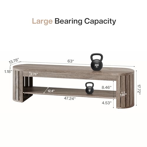 Tribesigns 63" Wooden Entryway Bench with Shoe Storage, Long 2-Tier Narrow Shoe Bench with Arc Vertical Slat Splicing Legs, End of Bed Stool for Bedroom, Entrance, Living Room (Beige Gray) - color: Beige Gray
