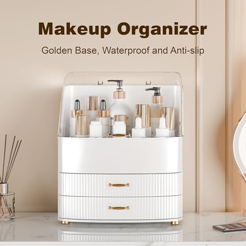 Makeup Organizer Countertop Vanity with Transparent Lid Drawers Waterproof Dustproof Cosmetic Skincare Bathroom Storage Gift for Women Teens Girls (Whtie) - color: Whtie
