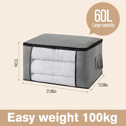 Large Storage Bags, Clothes Storage Bins Foldable Closet Organizers Storage Containers with Durable Handles Thick Fabric for Blanket Comforter Clothing Bedding(grey, 60L (4Pick) - size: 60L (4Pick）